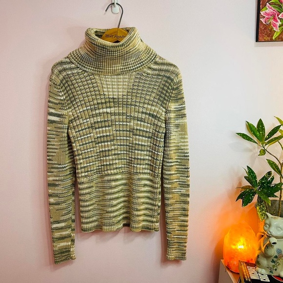 Vintage Green Gap Striped Fitted Turtle Neck, Women’s Medium